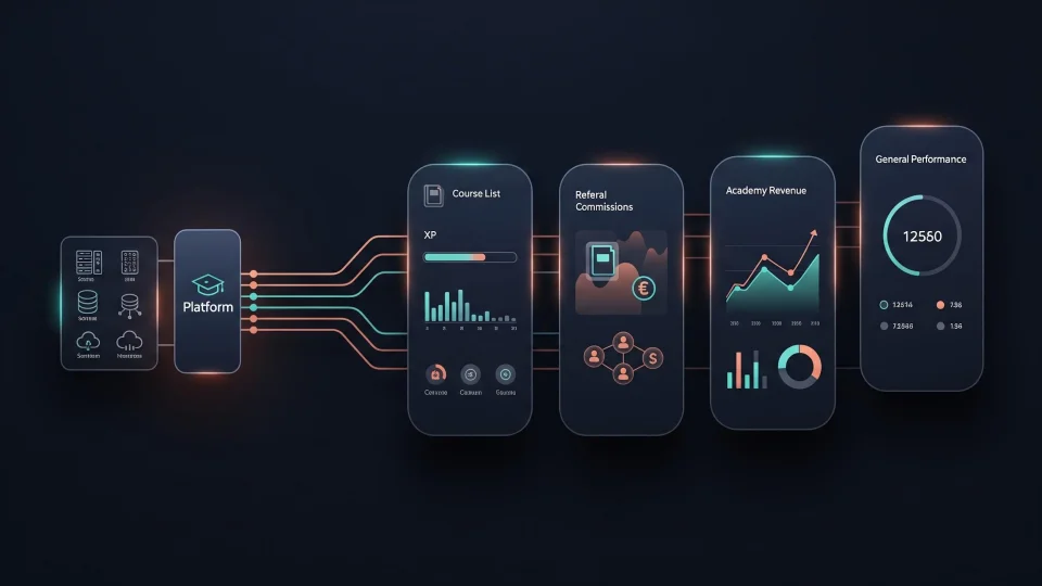 EdifyTrade Academy platform with four role-based portals: student, partner, academy owner, and super admin