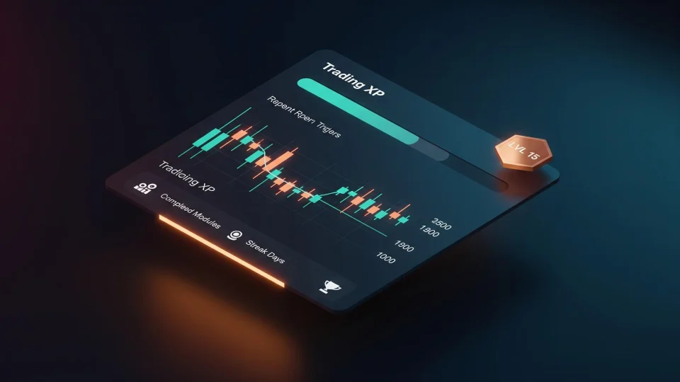 EdifyTrade Academy learning XP dashboard with levels, badges, and streak stats